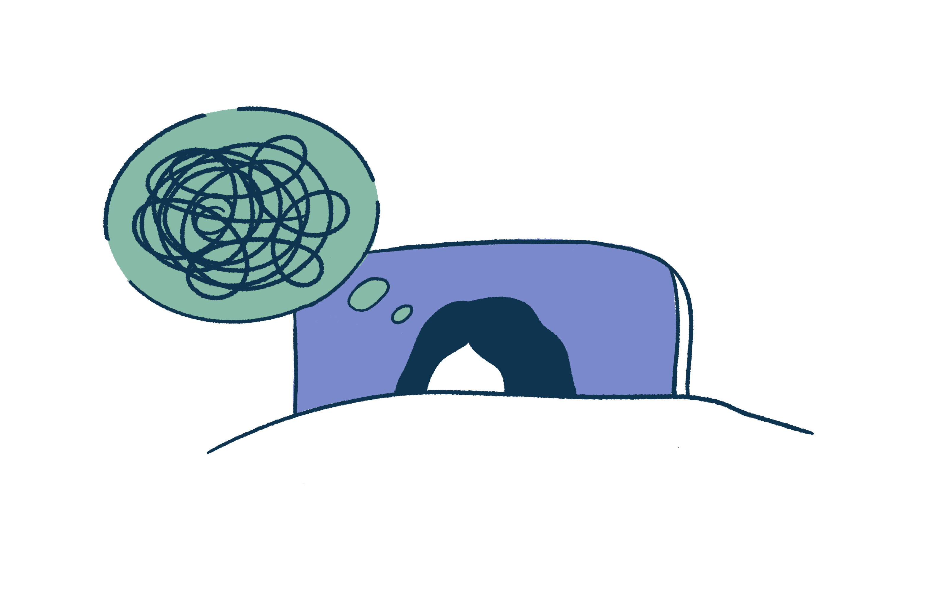 A head resting in bed with a tangled thought bubble