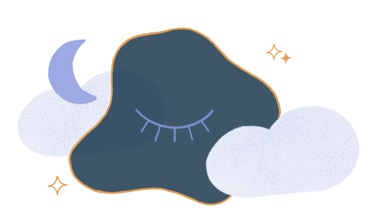 A sleeping form resting among clouds and a moon