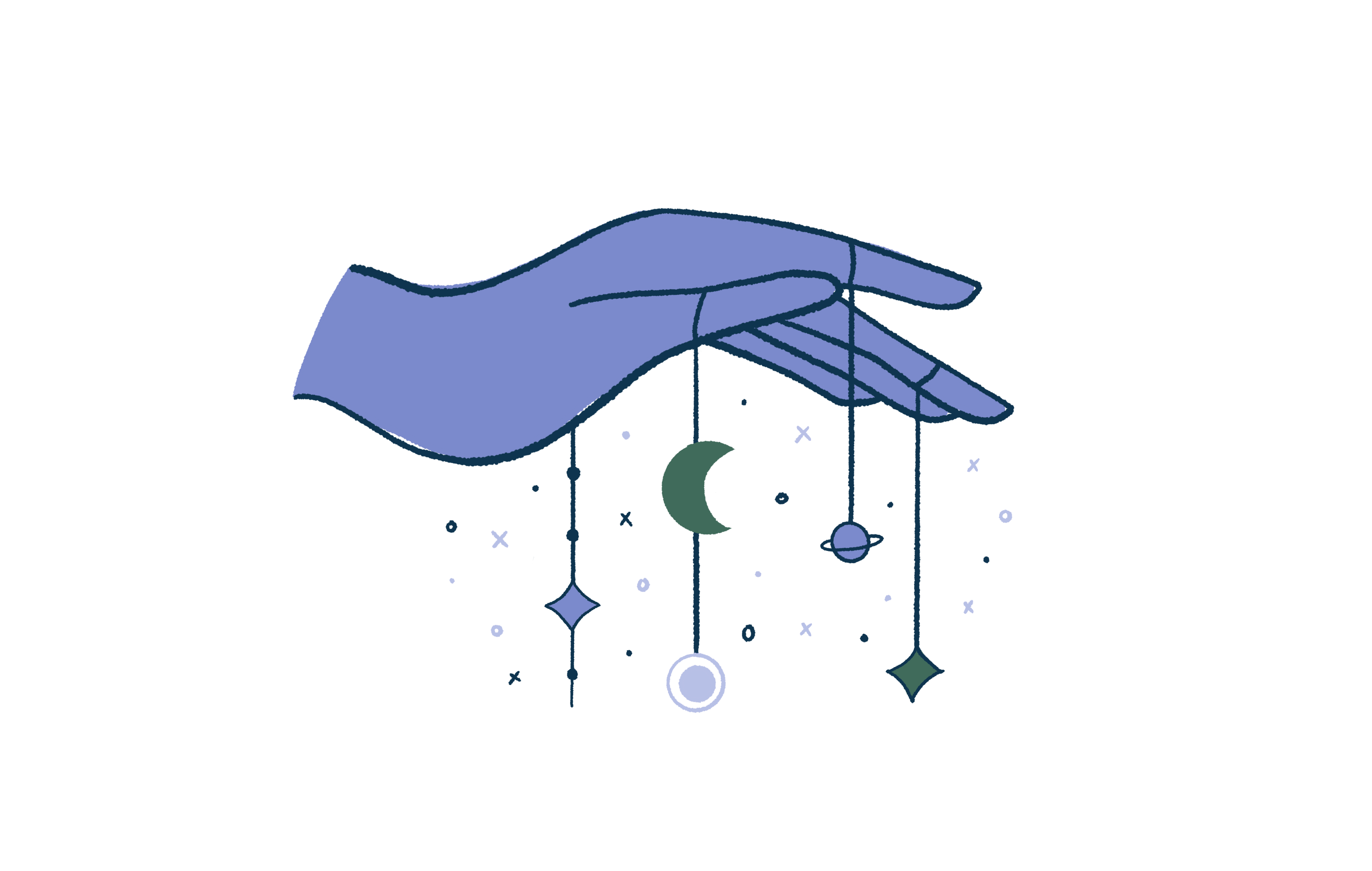 A hand cradling a hanging moon, planet and stars